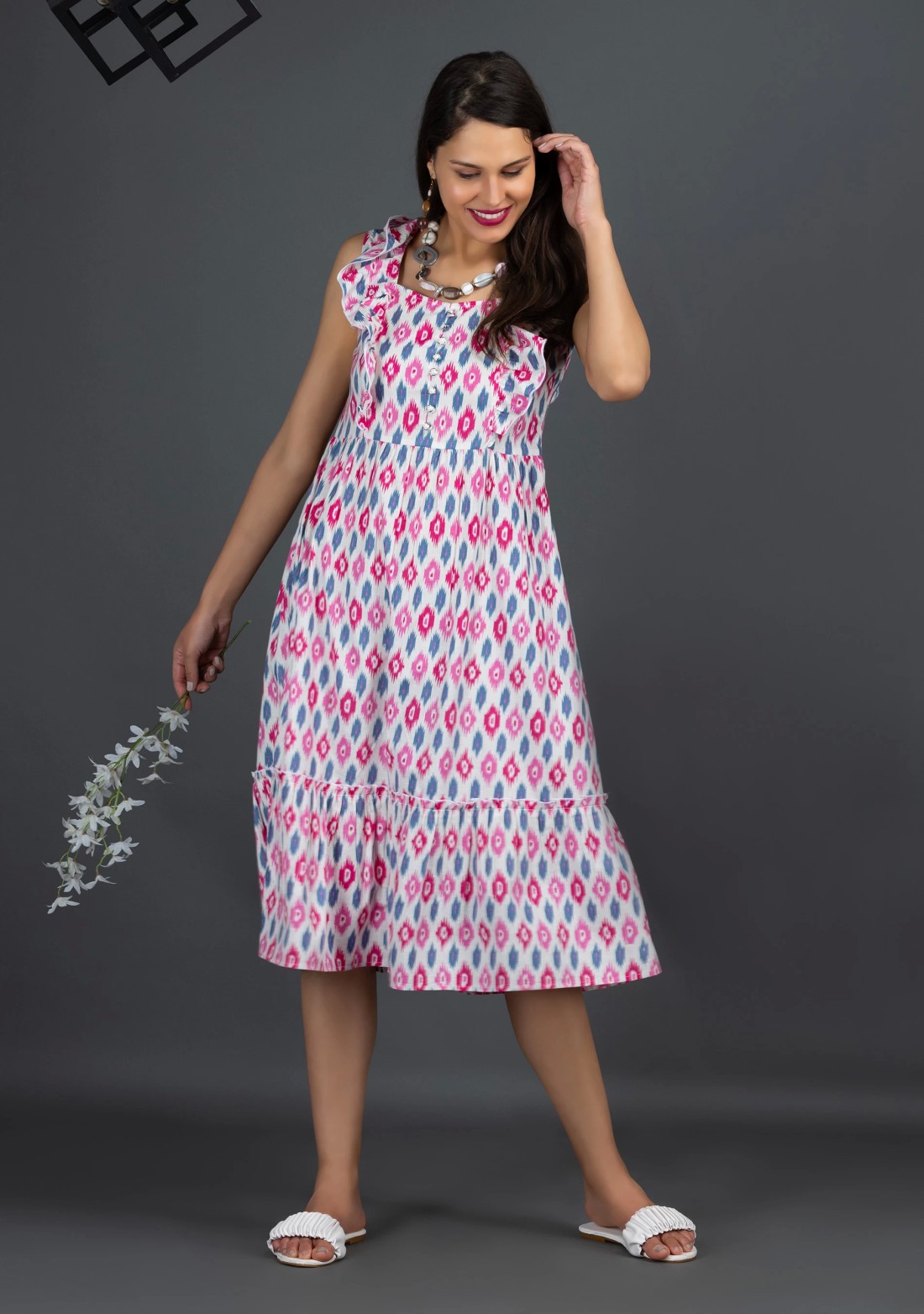 Multi-Colour Ikkat Motif Fit & Flared Printed Dress