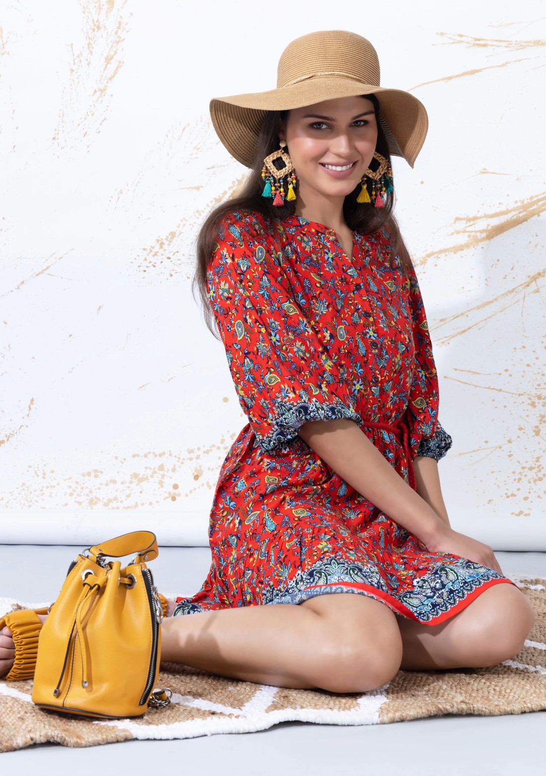 Red Paisley Border Print Rayon Boho Mini Dress