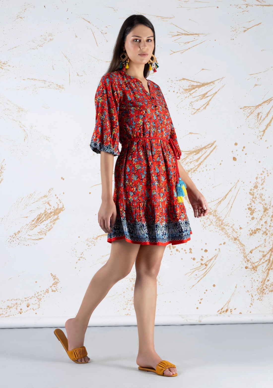 Red Paisley Border Print Rayon Boho Mini Dress