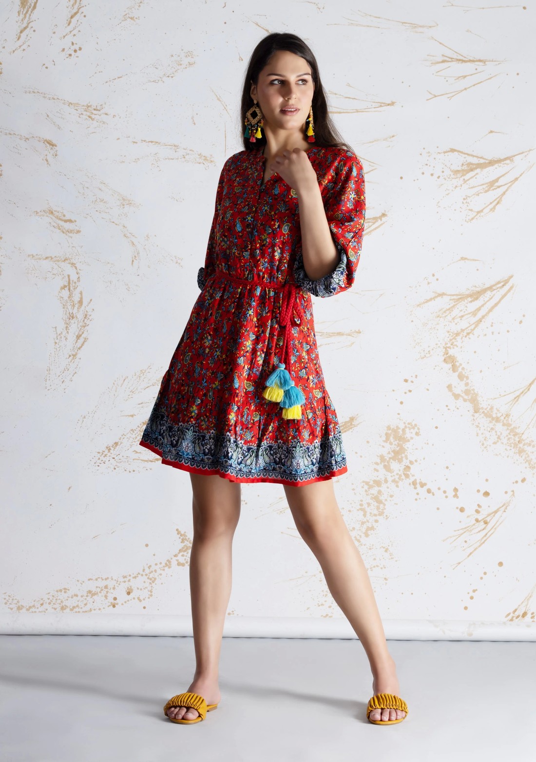 Red Paisley Border Print Rayon Boho Mini Dress