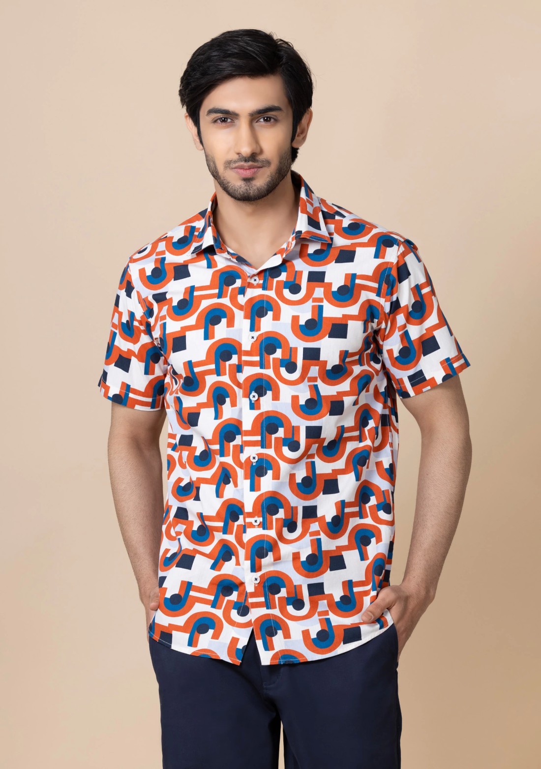 Multicolor Geometric Print Slim Fit Men's Holiday Shirt