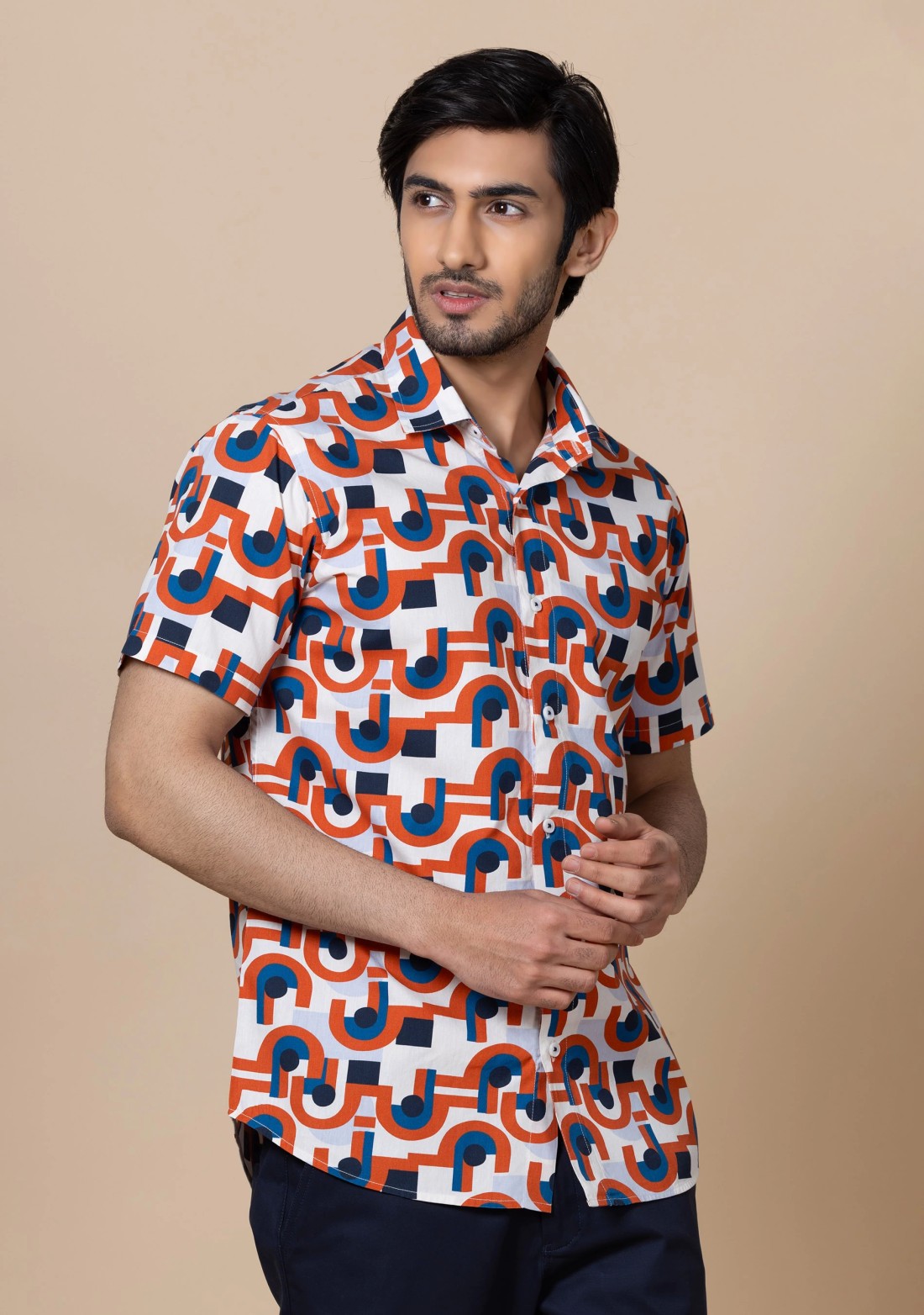 Multicolor Geometric Print Slim Fit Men's Holiday Shirt