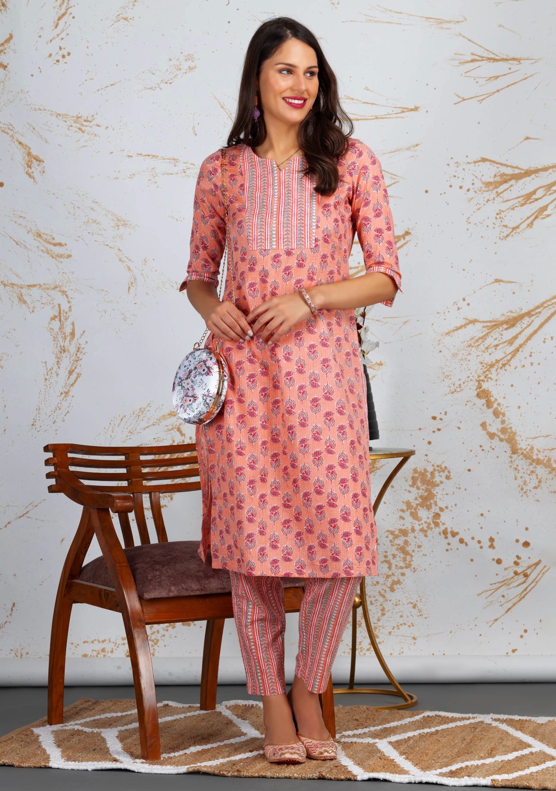 Peach Paisley Printed Straight Pure Cotton Kurta Pant Set