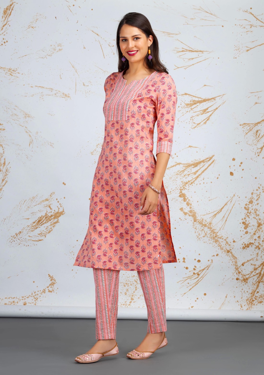 Peach Paisley Printed Straight Pure Cotton Kurta Pant Set