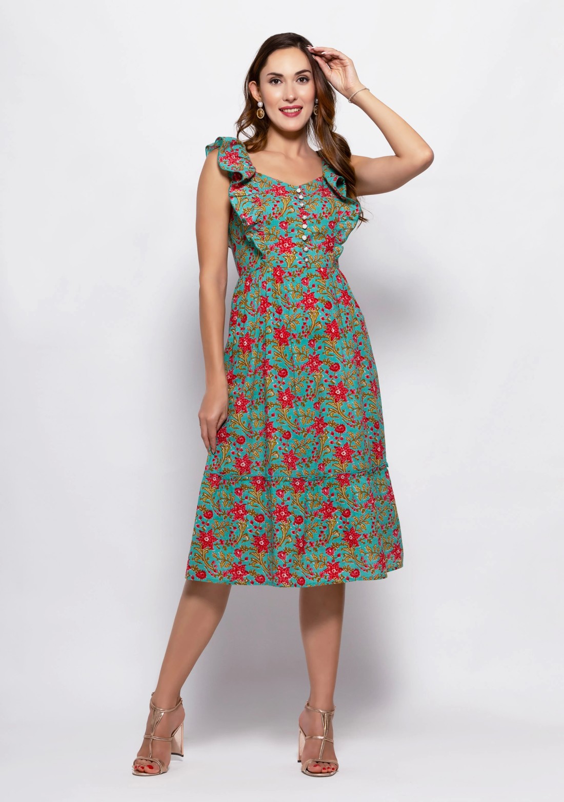 Turquoise Blue All Over Floral  Printed Fit & Flared Dress