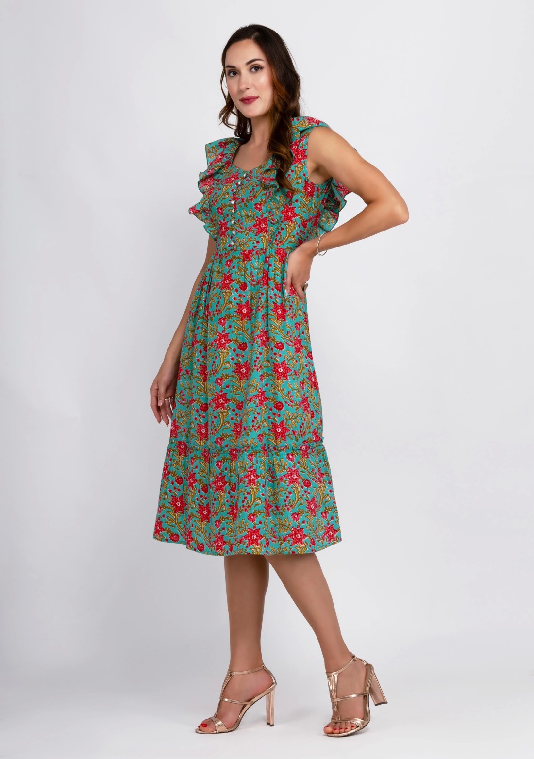 Turquoise Blue All Over Floral  Printed Fit & Flared Dress