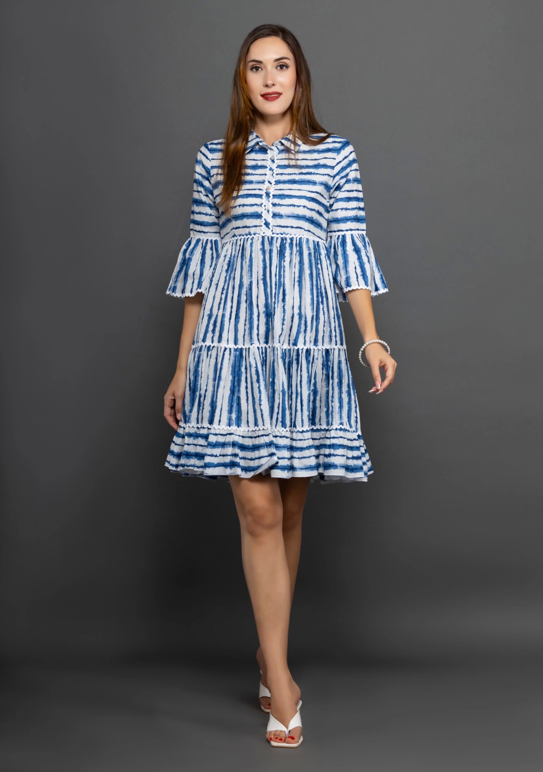 Royal Blue & White Shibori Printed Pure Cotton Dress