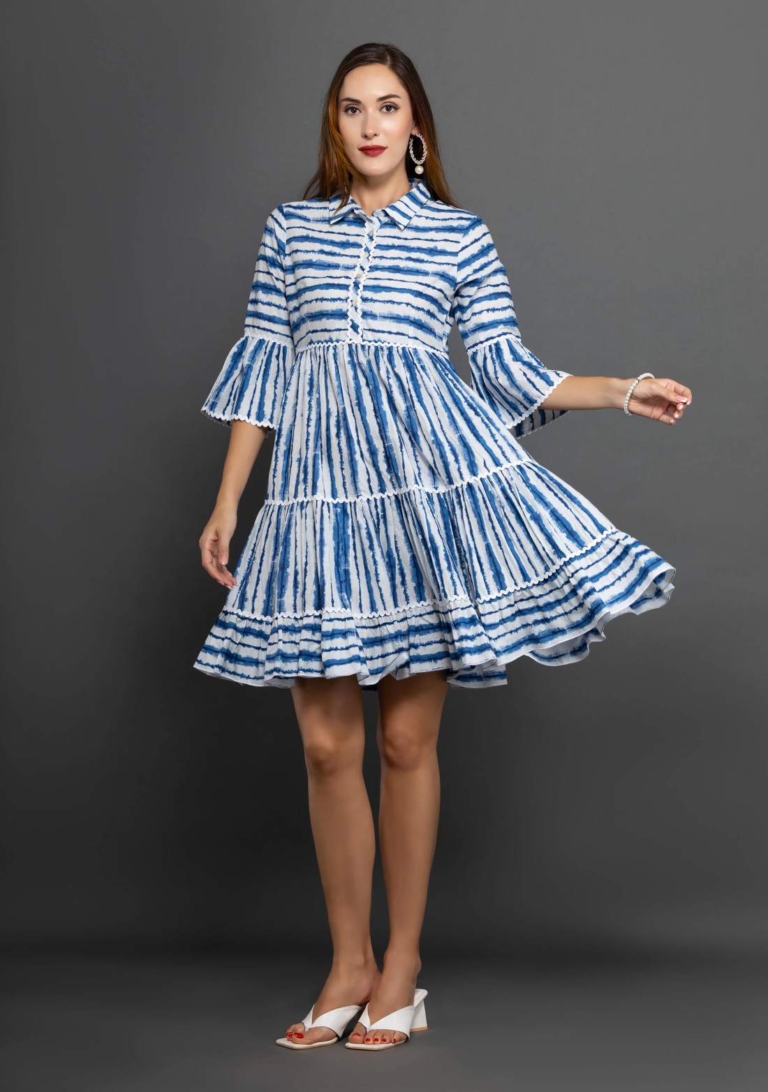 Royal Blue & White Shibori Printed Pure Cotton Dress