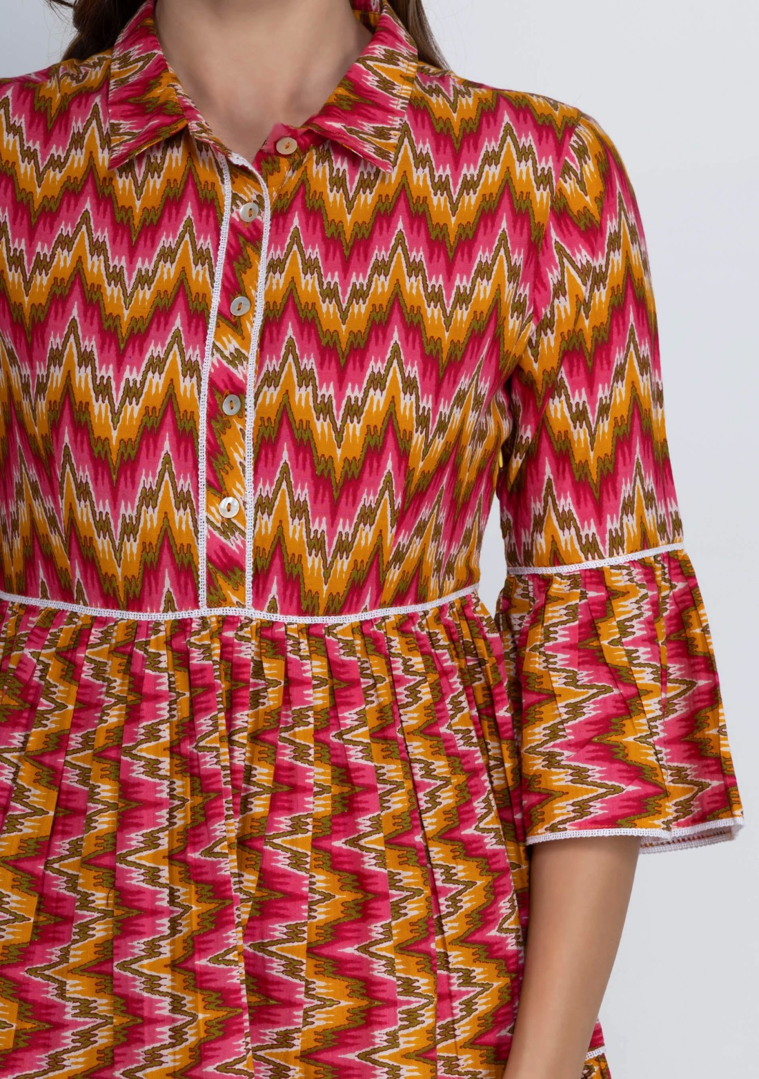 Yellow & Pink Multi Chevron Printed Pure Cotton Dress