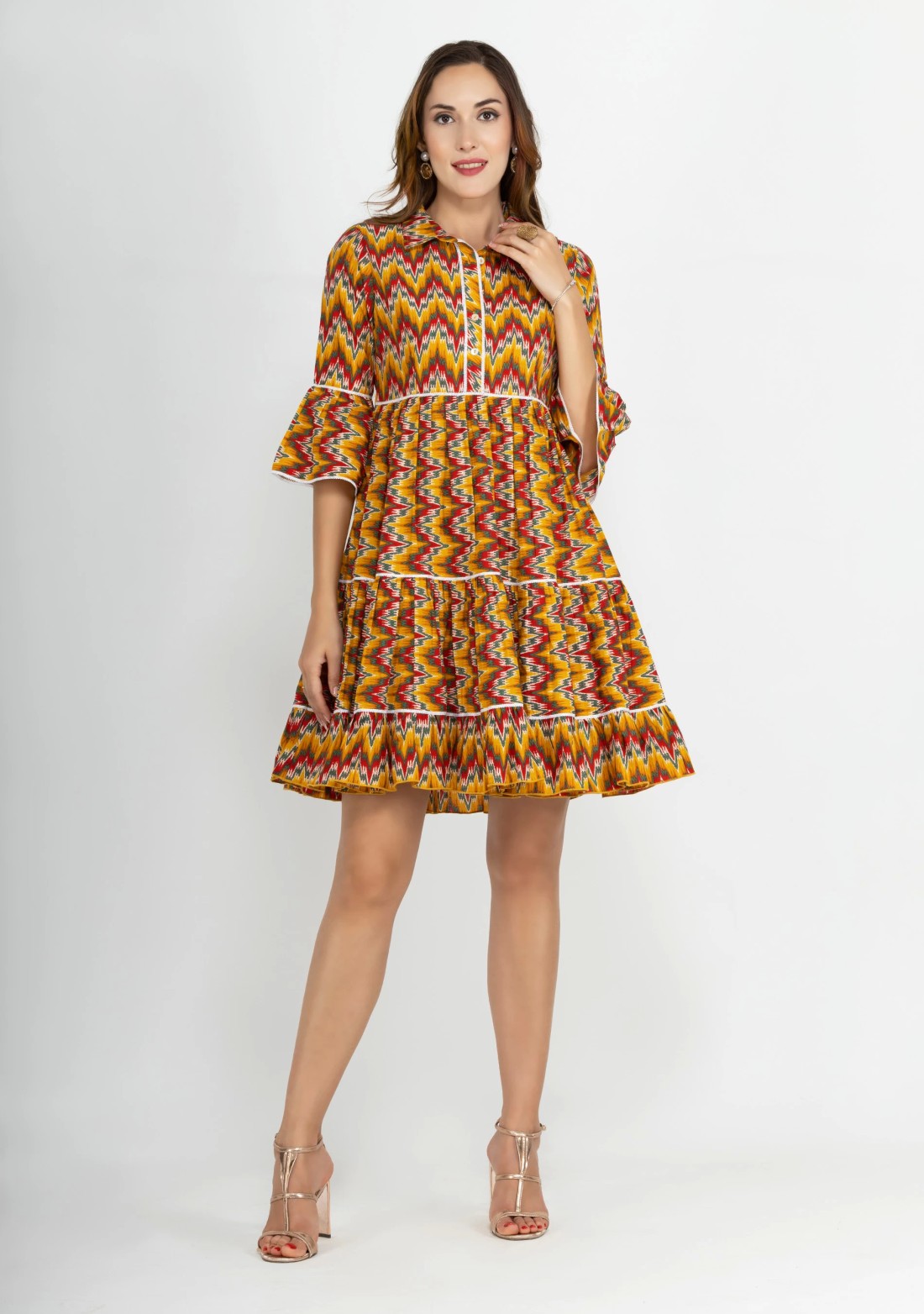 Red & Yellow Multi Chevron Printed Pure Cotton Dress