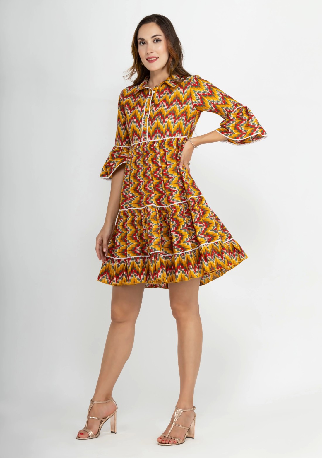 Red & Yellow Multi Chevron Printed Pure Cotton Dress