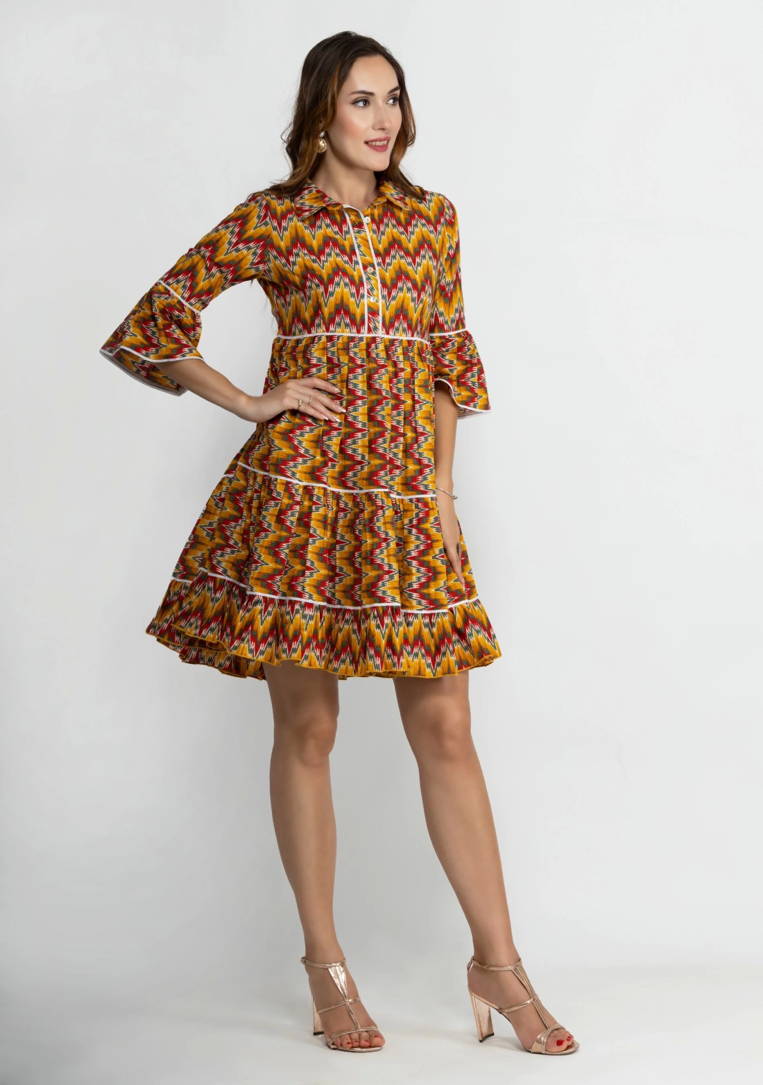 Red & Yellow Multi Chevron Printed Pure Cotton Dress