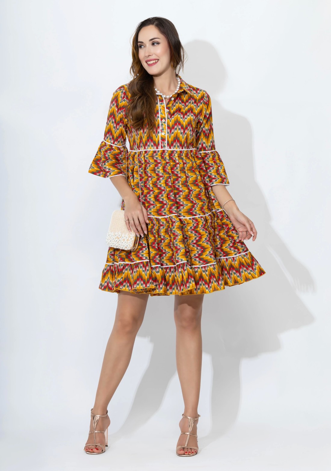 Red & Yellow Multi Chevron Printed Pure Cotton Dress