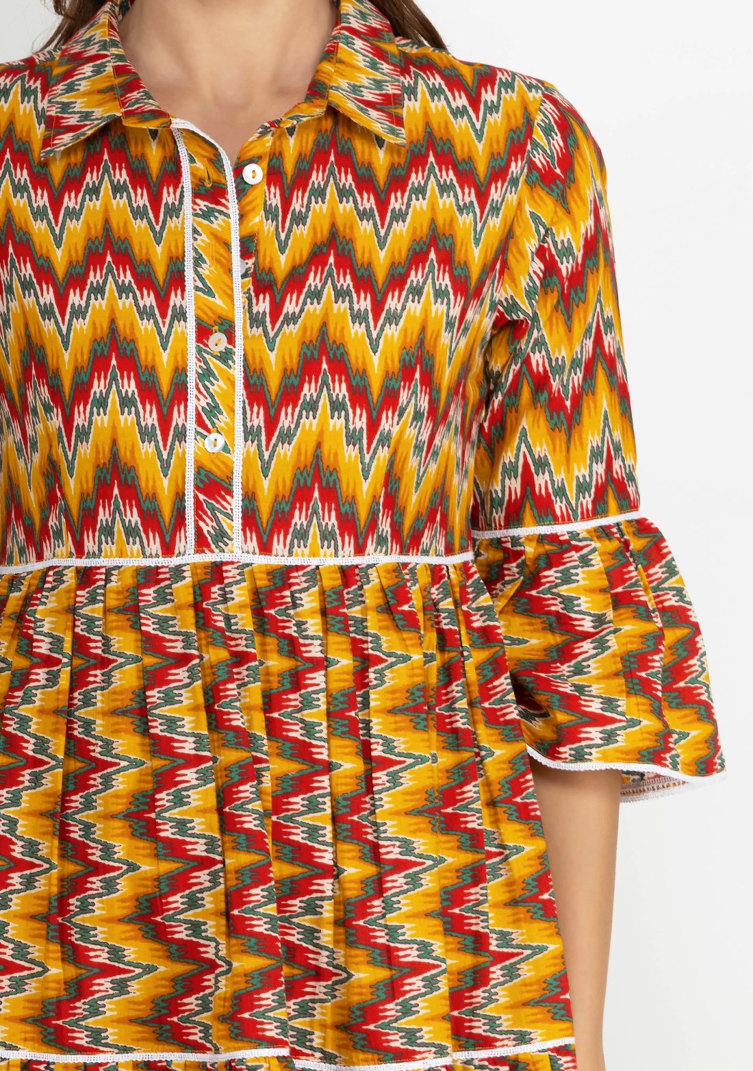 Red & Yellow Multi Chevron Printed Pure Cotton Dress