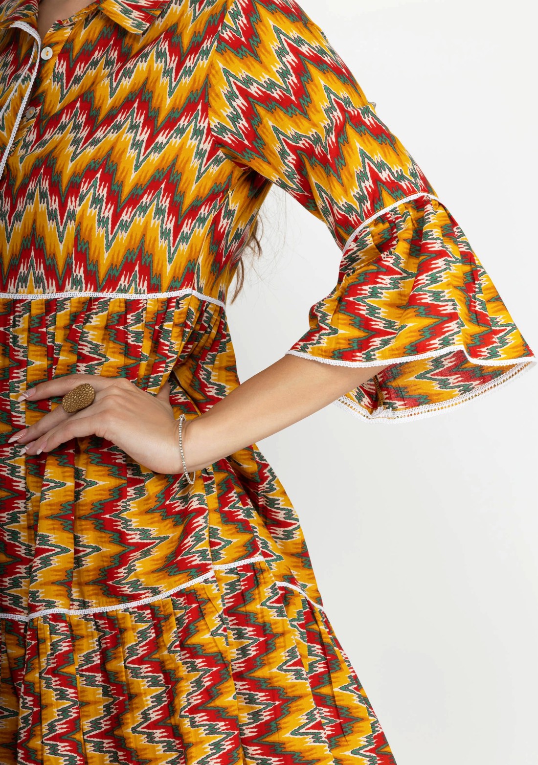 Red & Yellow Multi Chevron Printed Pure Cotton Dress