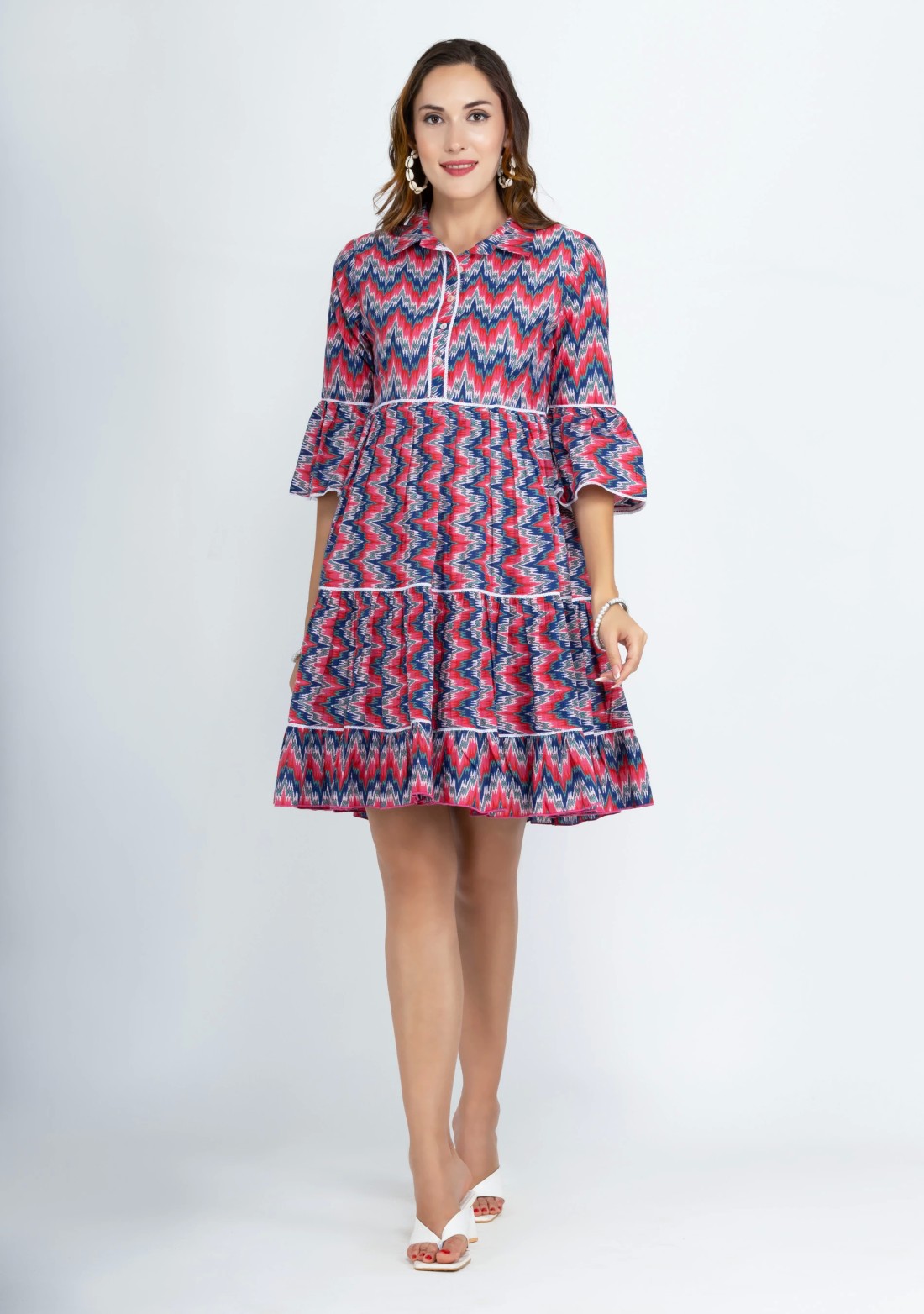 Blue & Pink Multi Chevron Printed Pure Cotton Dress