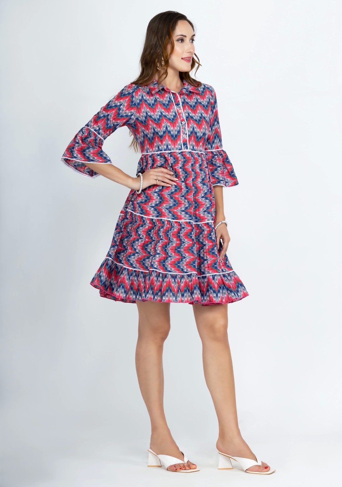 Blue & Pink Multi Chevron Printed Pure Cotton Dress