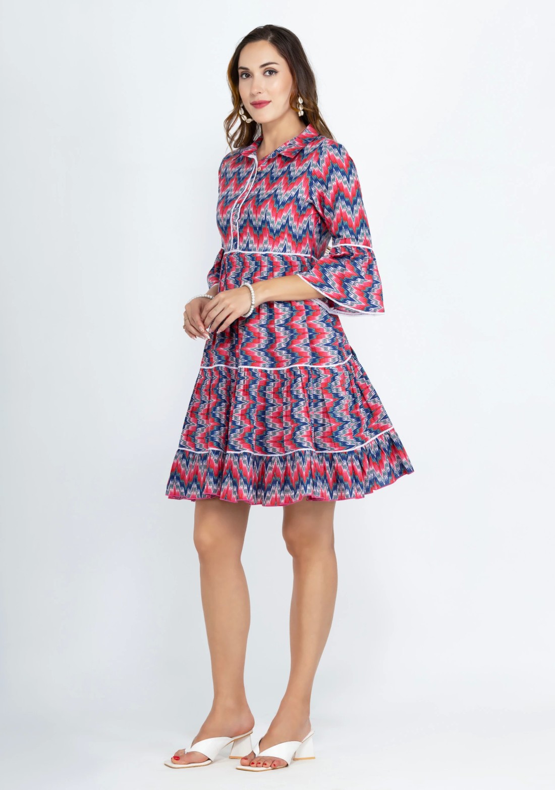 Blue & Pink Multi Chevron Printed Pure Cotton Dress