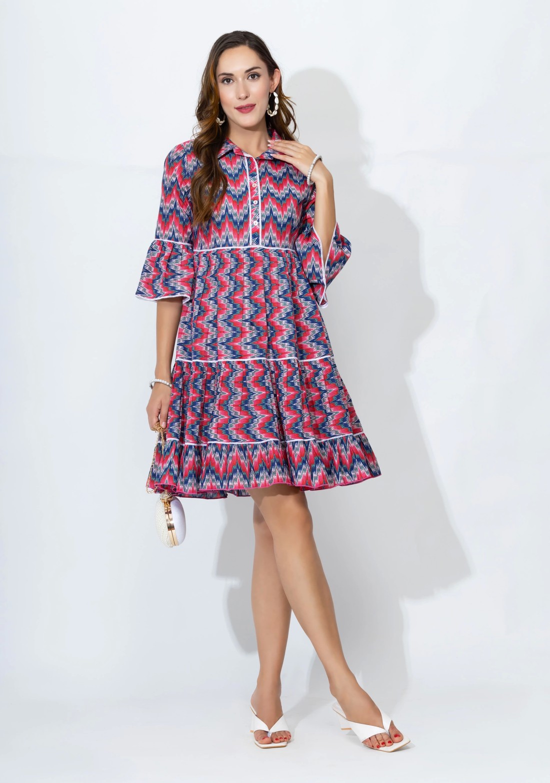 Blue & Pink Multi Chevron Printed Pure Cotton Dress