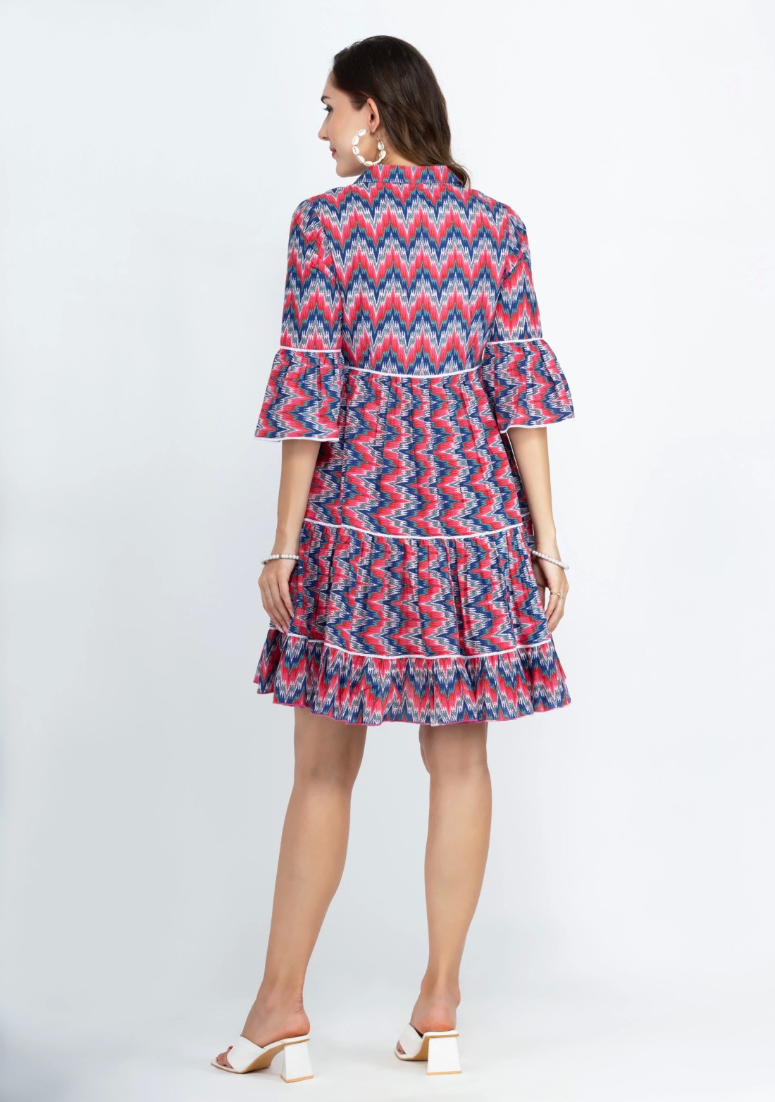 Blue & Pink Multi Chevron Printed Pure Cotton Dress