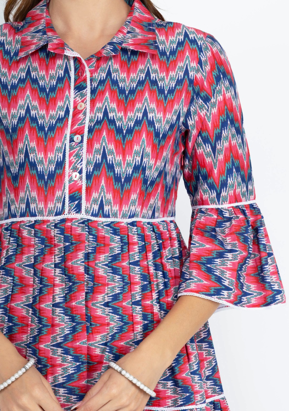 Blue & Pink Multi Chevron Printed Pure Cotton Dress