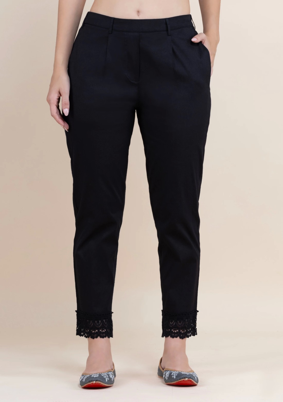 Black Cotton Lycra Narrow Hem Pants With Lace