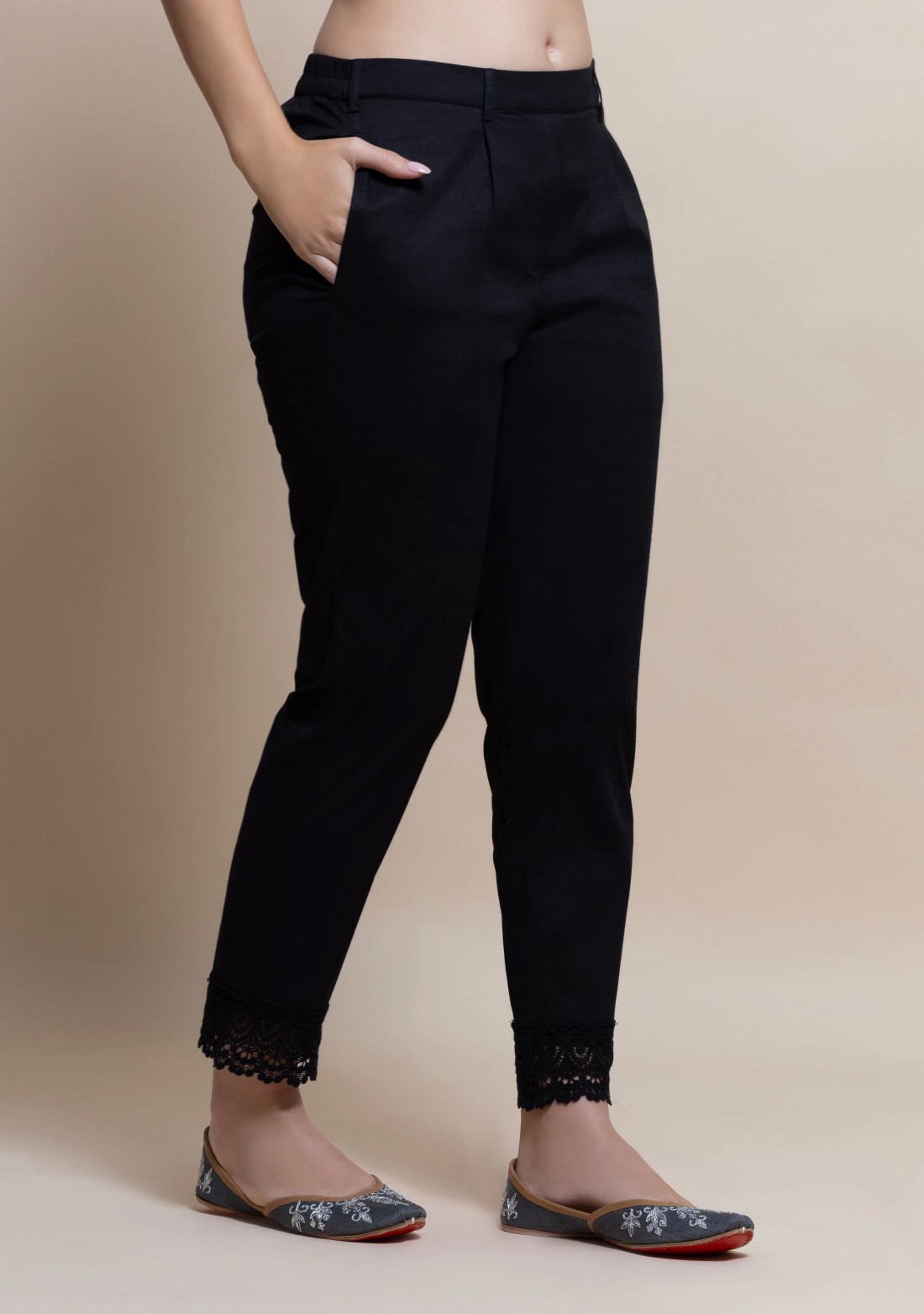 Black Cotton Lycra Narrow Hem Pants With Lace