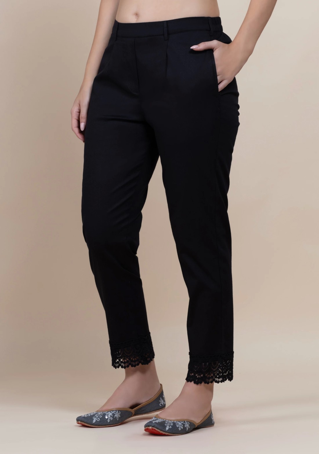 Black Cotton Lycra Narrow Hem Pants With Lace