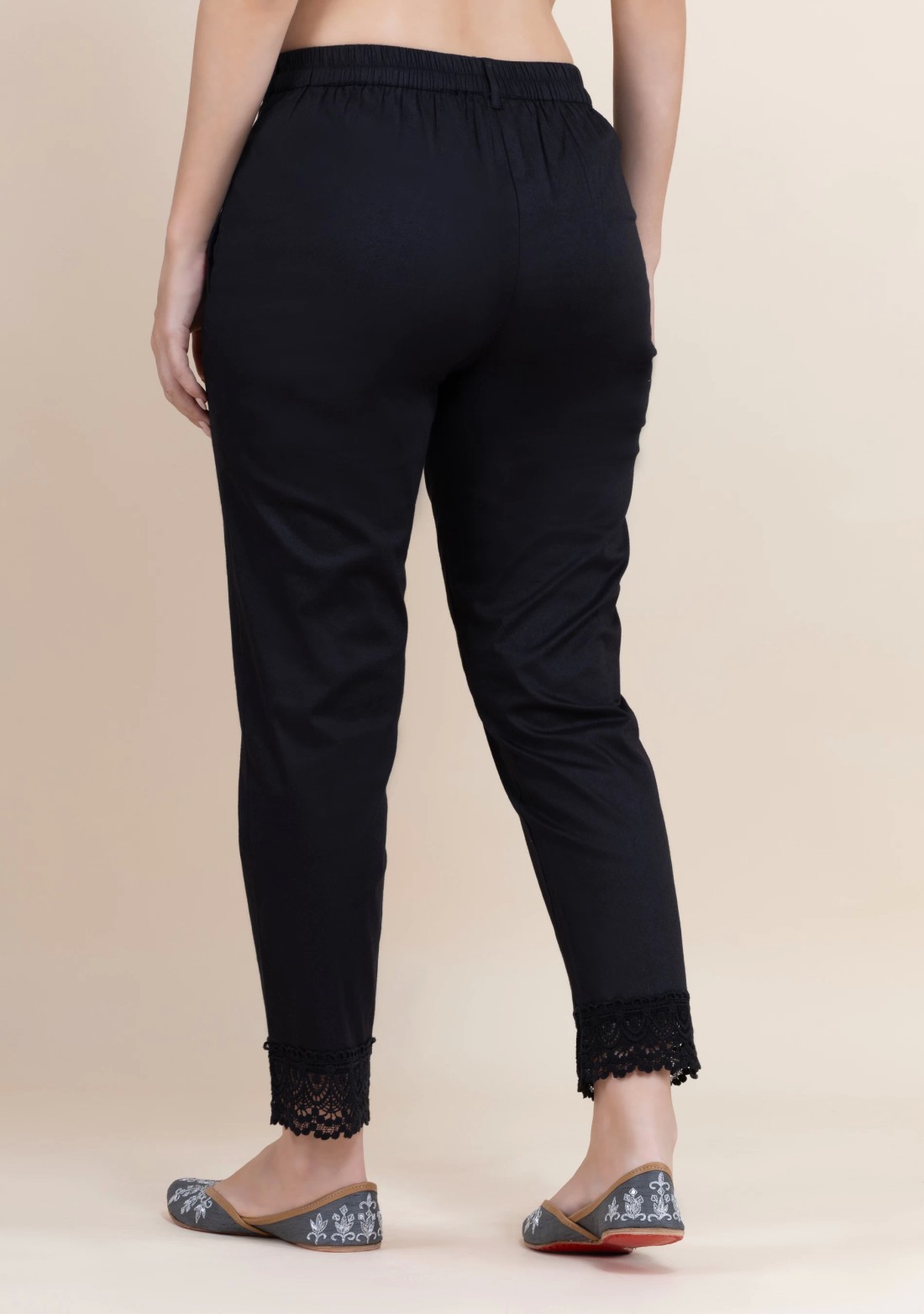 Black Cotton Lycra Narrow Hem Pants With Lace