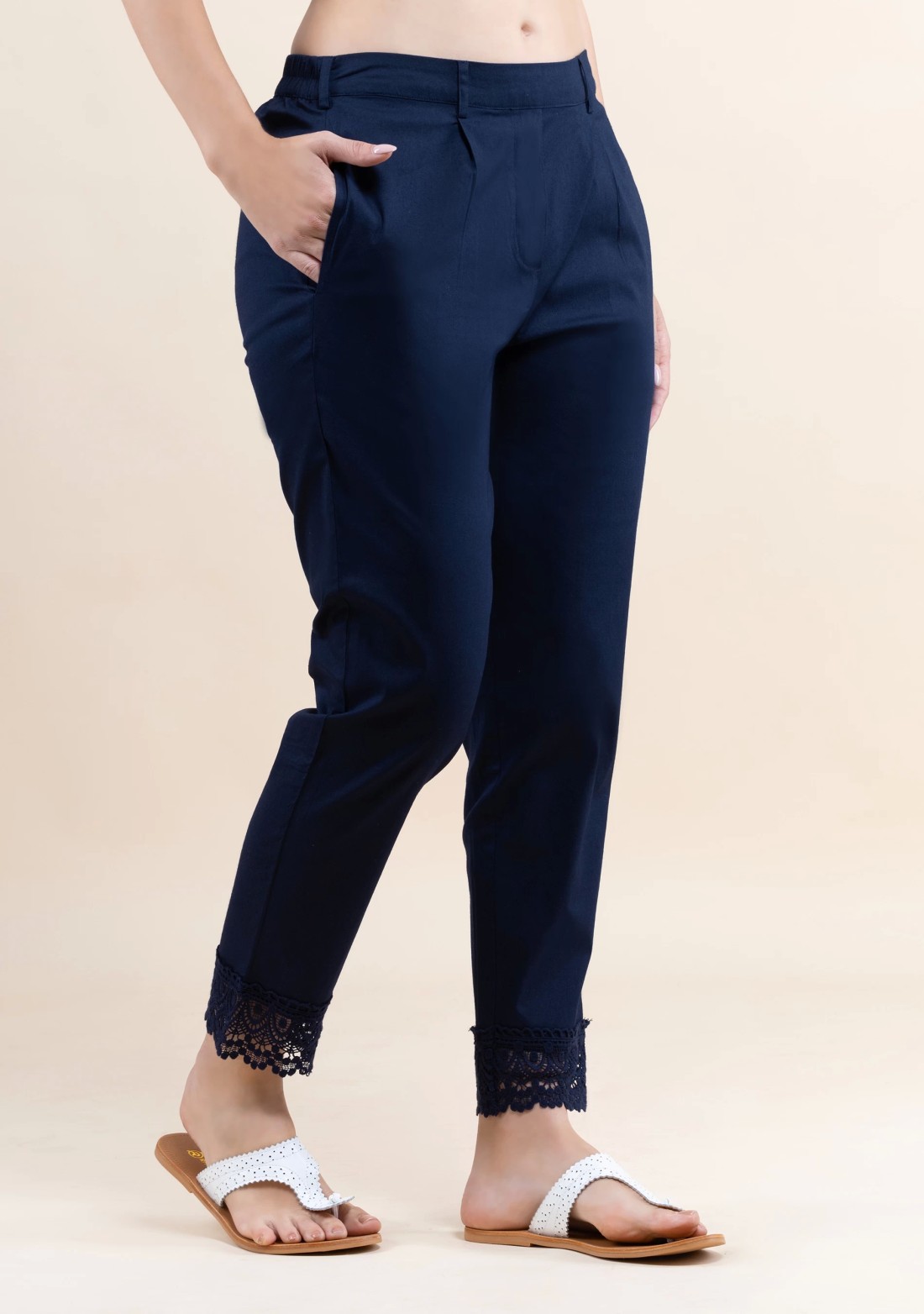 Navy Blue Cotton Lycra Narrow Hem Pants With Lace