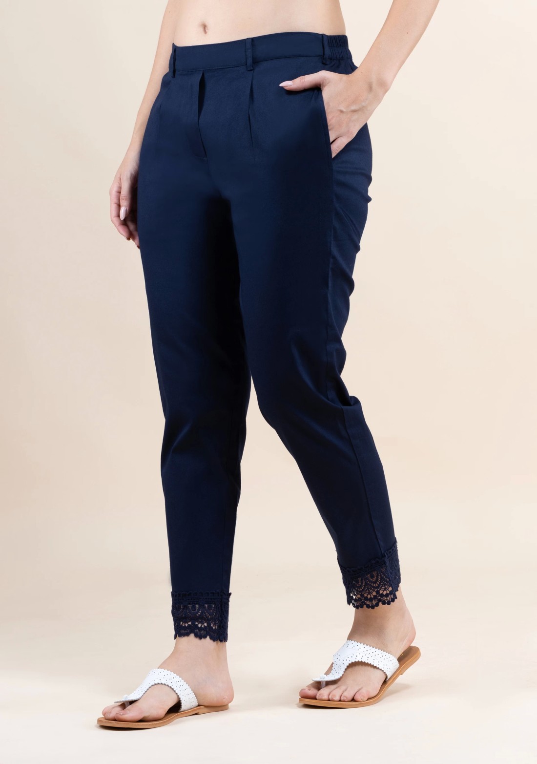 Navy Blue Cotton Lycra Narrow Hem Pants With Lace