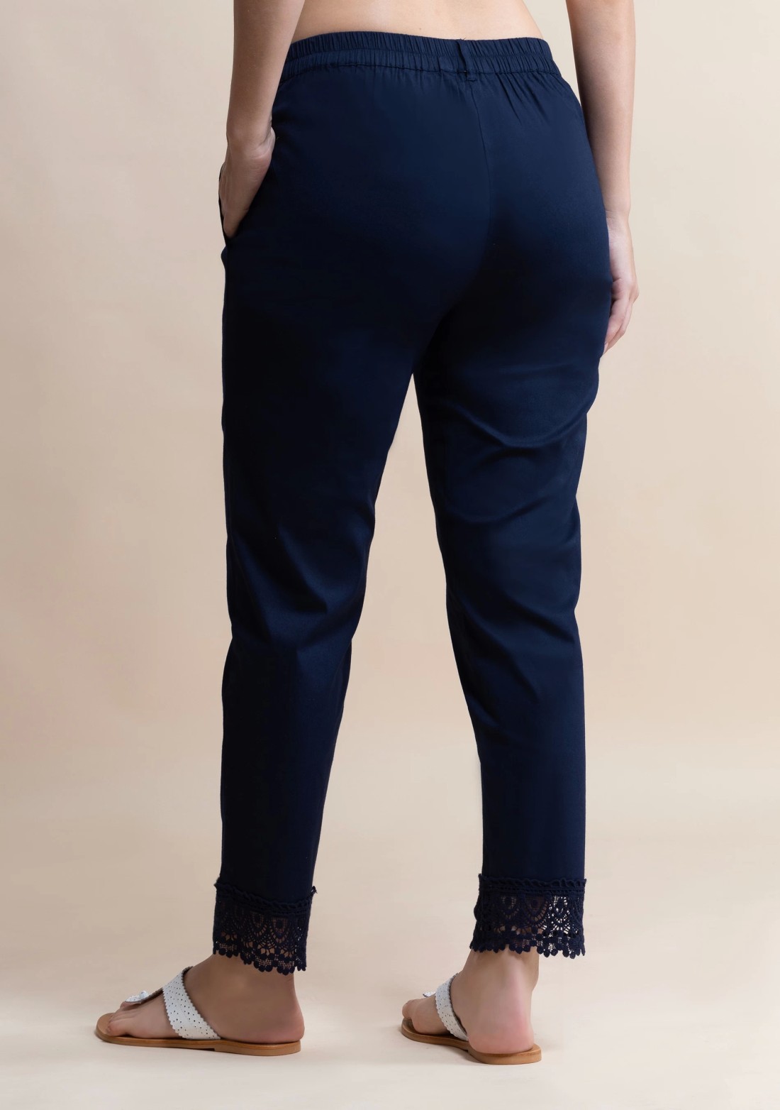 Navy Blue Cotton Lycra Narrow Hem Pants With Lace