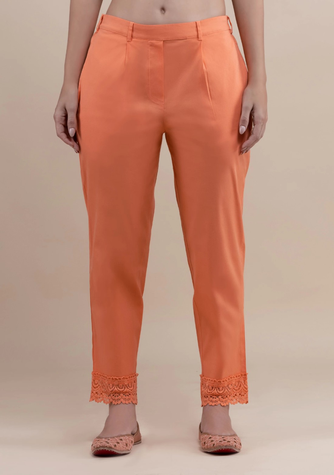 Peach Cotton Lycra Narrow Hem Pants With Lace