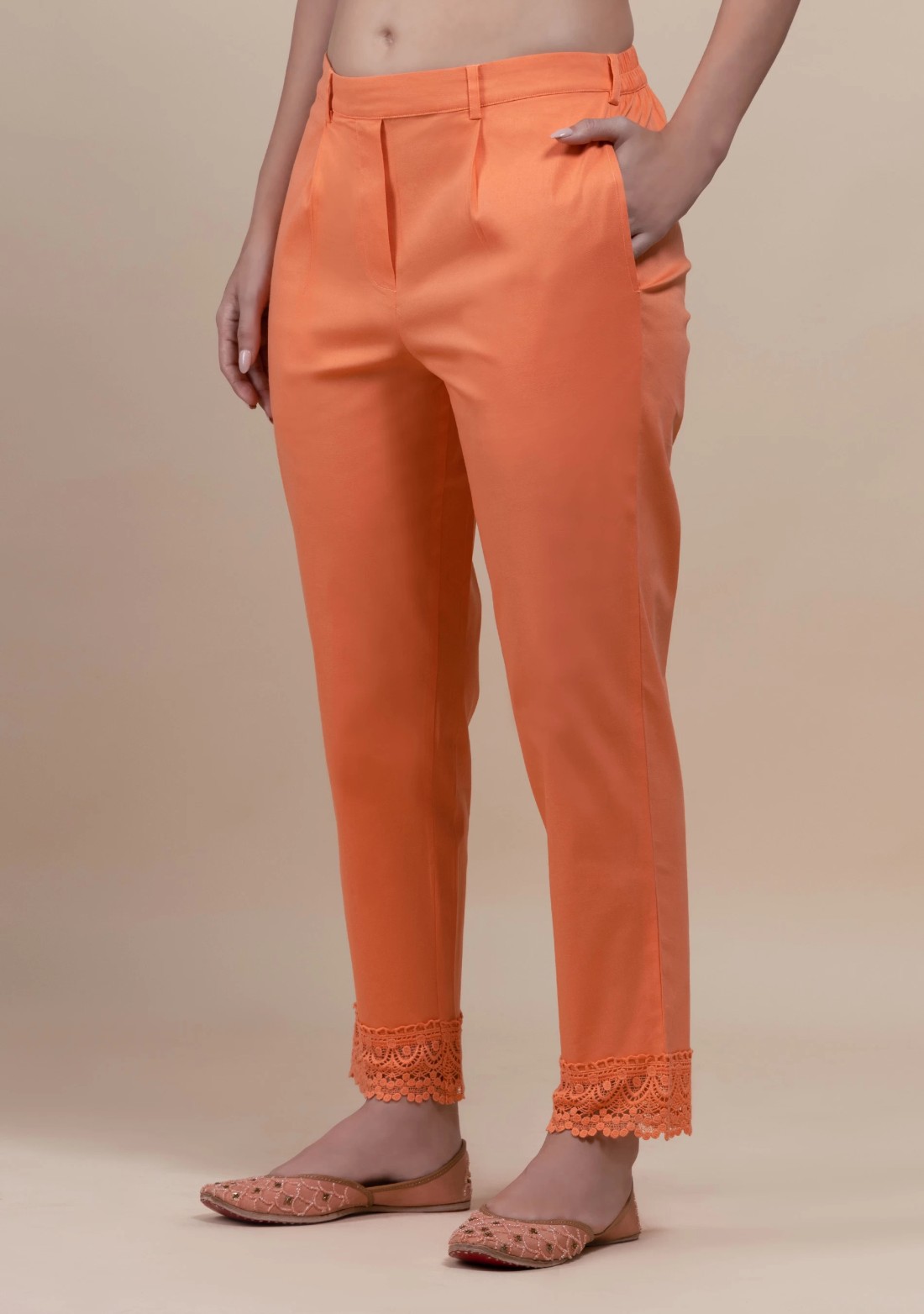 Peach Cotton Lycra Narrow Hem Pants With Lace