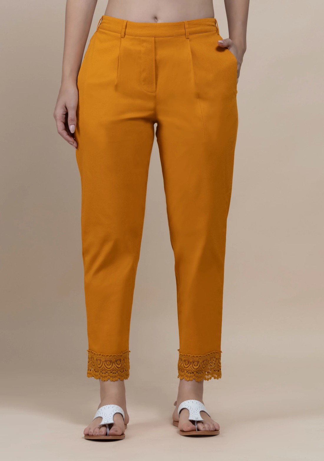 Mustard Cotton Lycra Narrow Hem Pants With Lace