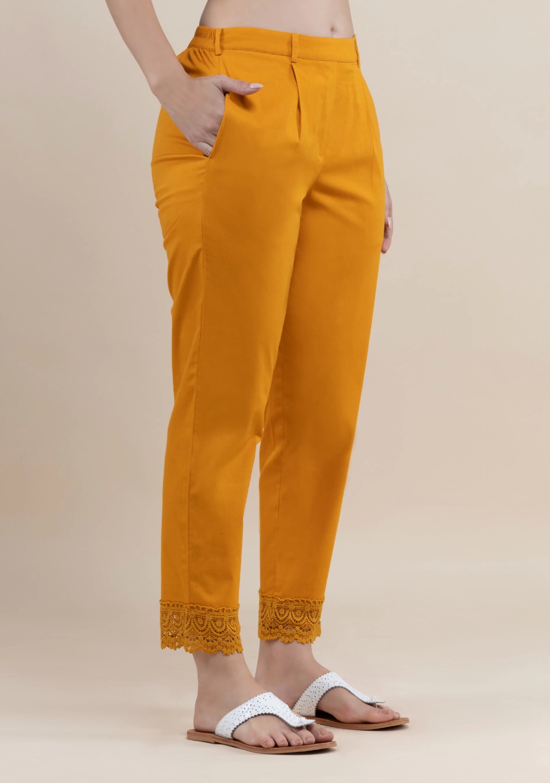 Mustard Cotton Lycra Narrow Hem Pants With Lace