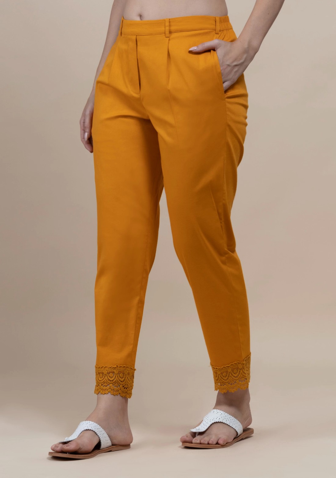 Mustard Cotton Lycra Narrow Hem Pants With Lace