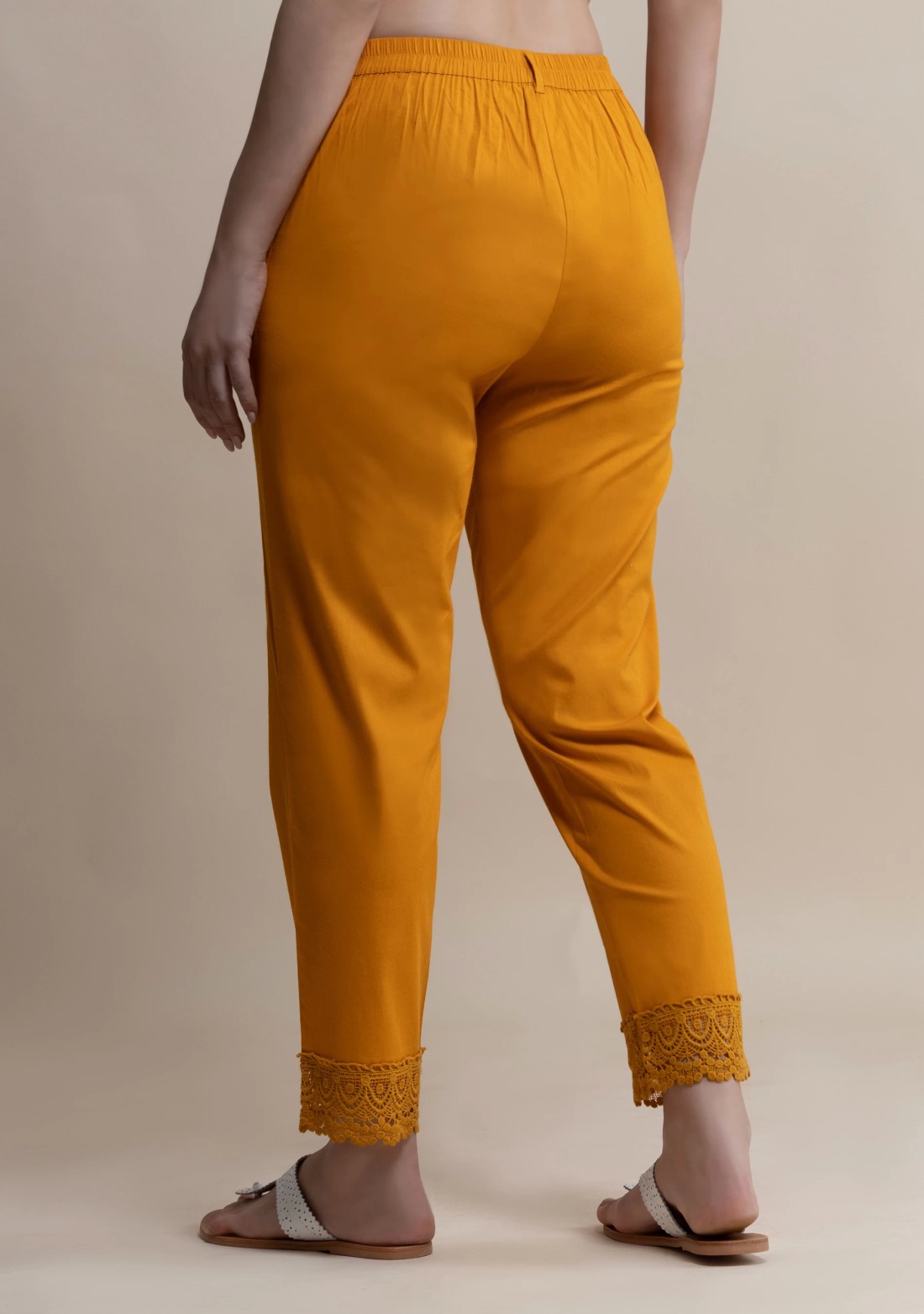 Mustard Cotton Lycra Narrow Hem Pants With Lace