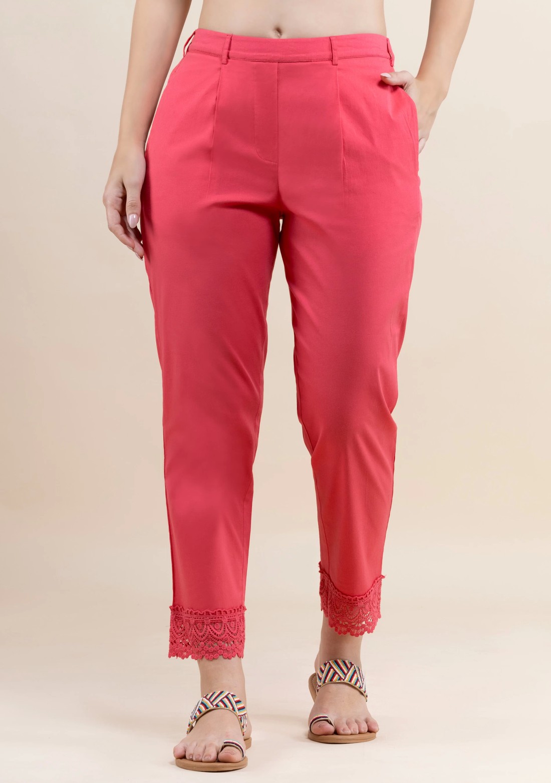 Coral Cotton Lyra Narrow Hem Pants with Lace