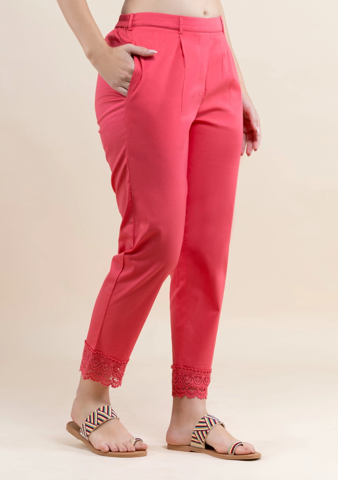 Coral Cotton Lyra Narrow Hem Pants with Lace