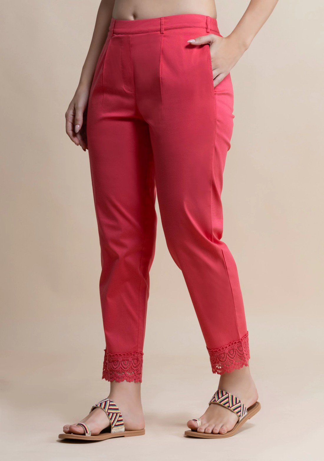 Coral Cotton Lyra Narrow Hem Pants with Lace