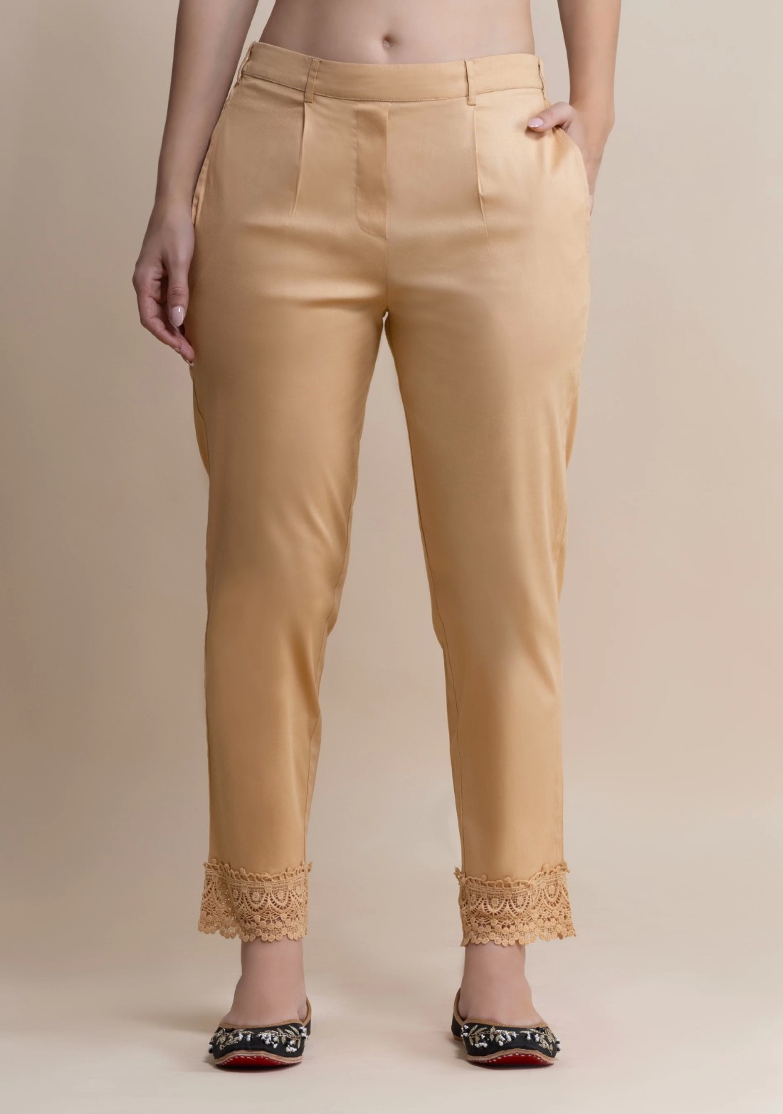 Beige Cotton Lycra Narrow Hem Pants With Lace