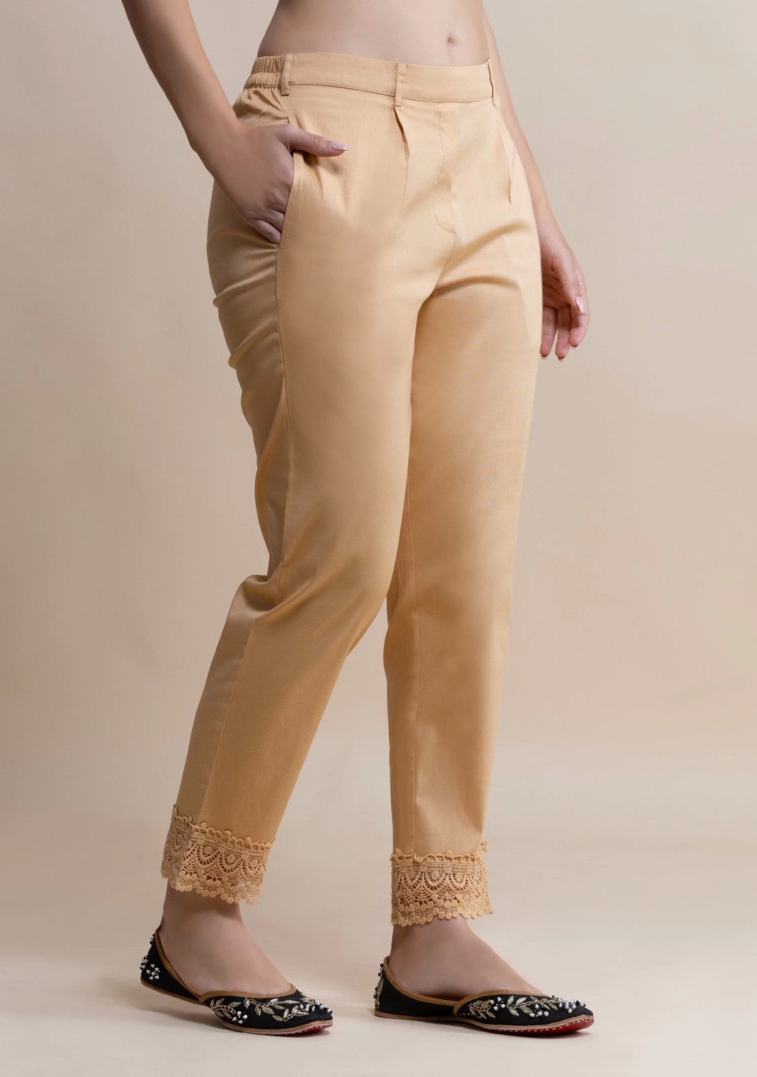 Beige Cotton Lycra Narrow Hem Pants With Lace