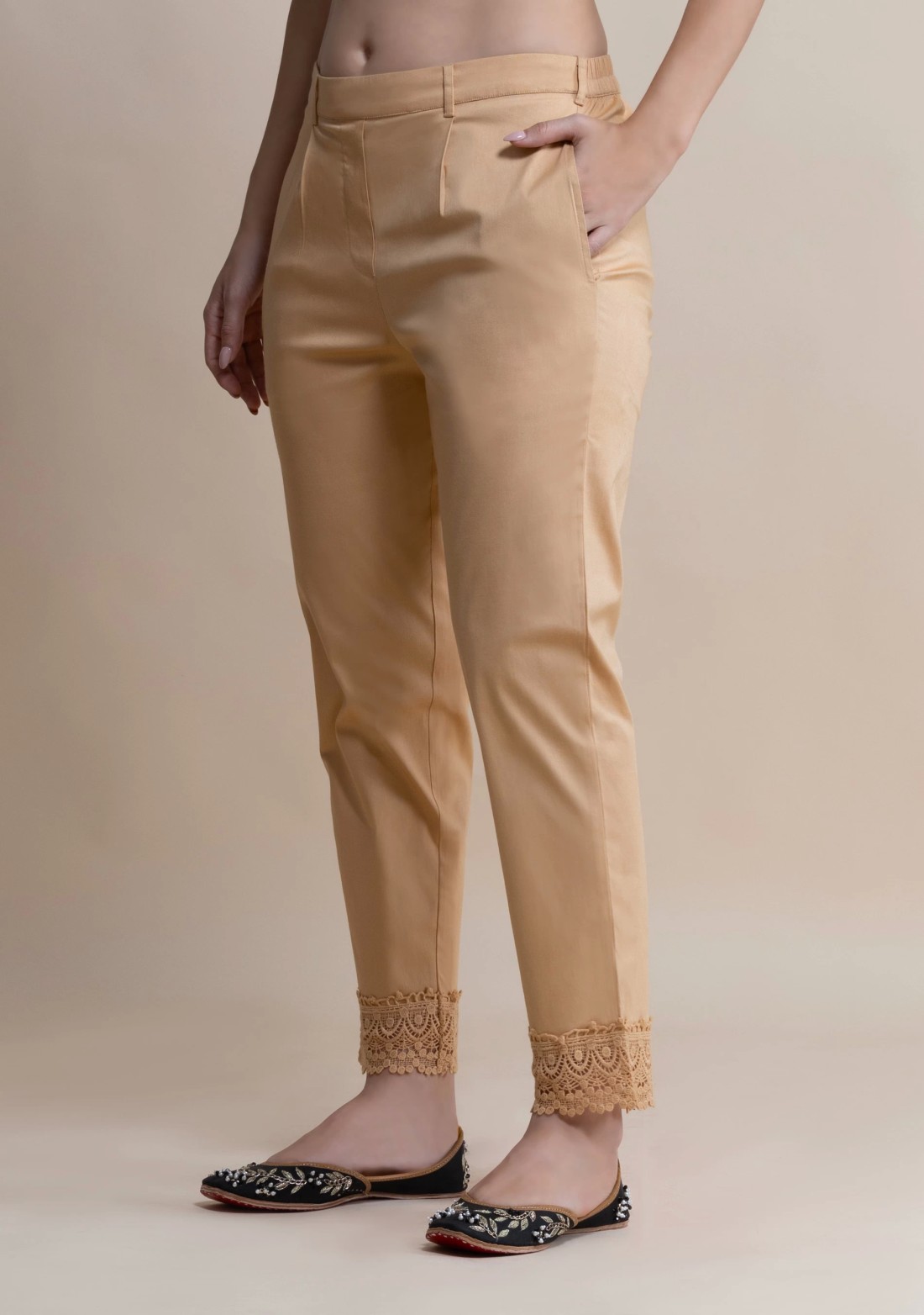 Beige Cotton Lycra Narrow Hem Pants With Lace