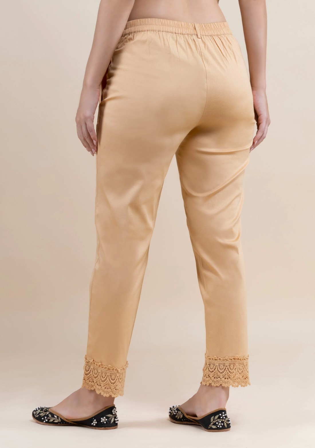 Beige Cotton Lycra Narrow Hem Pants With Lace