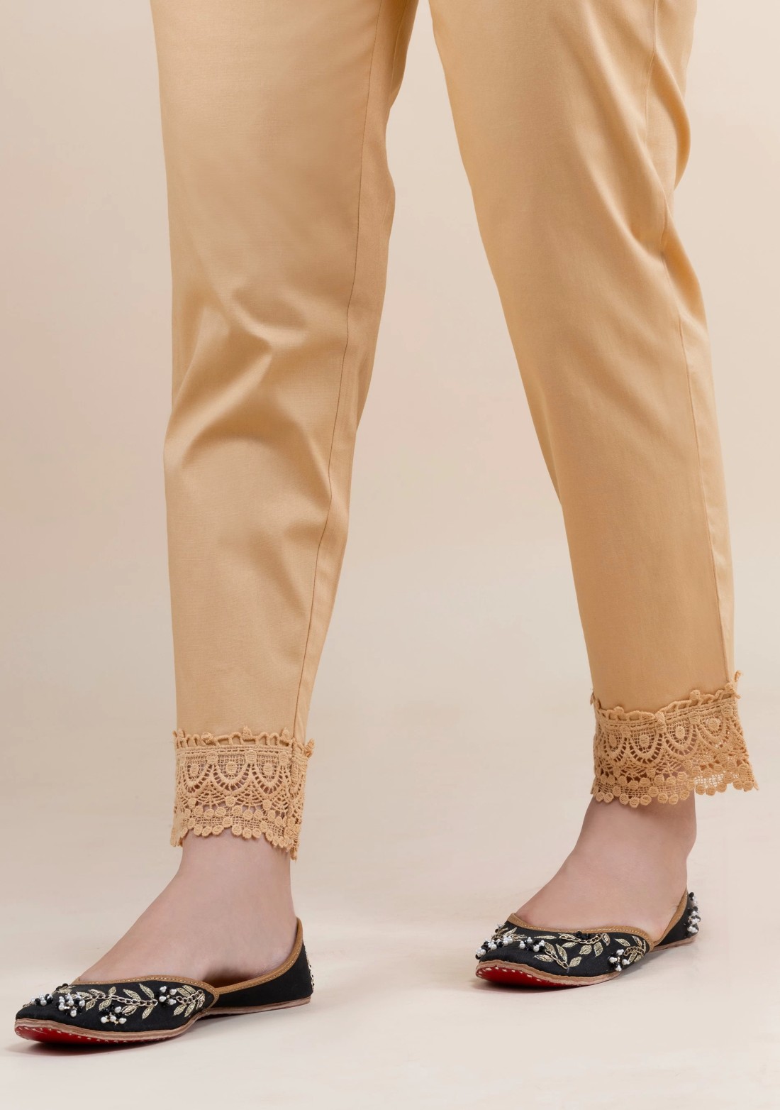 Beige Cotton Lycra Narrow Hem Pants With Lace