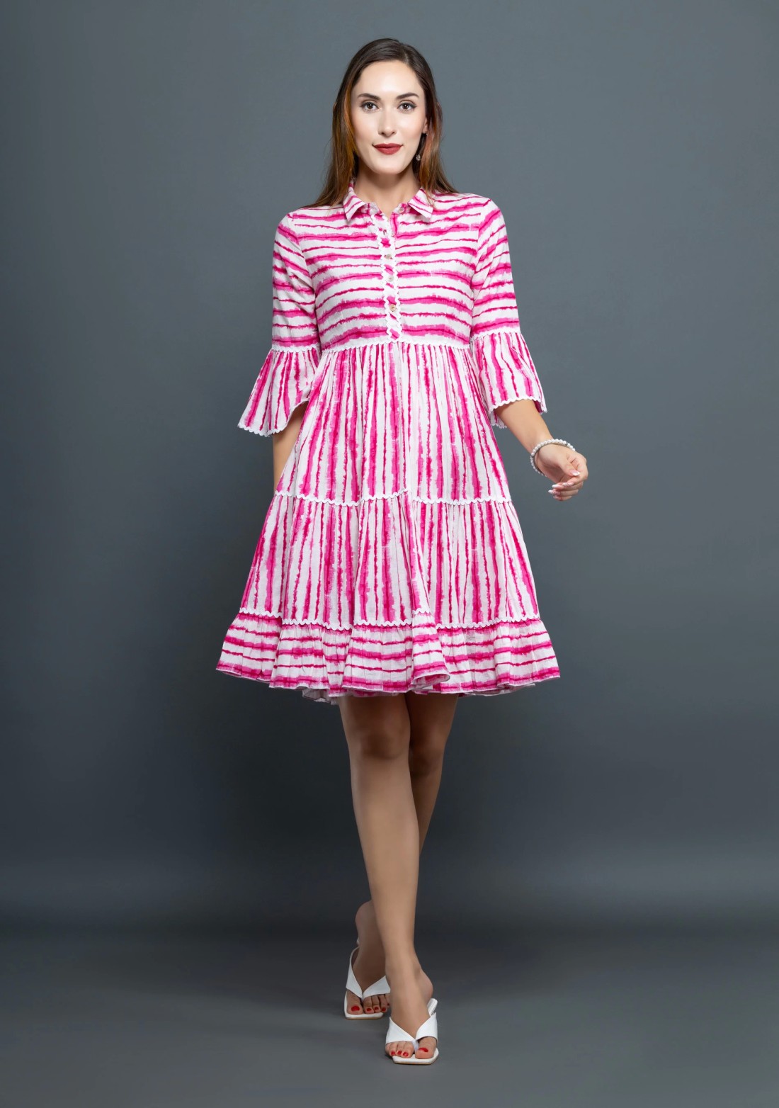 Pink & White Shibori Printed Pure Cotton Dress