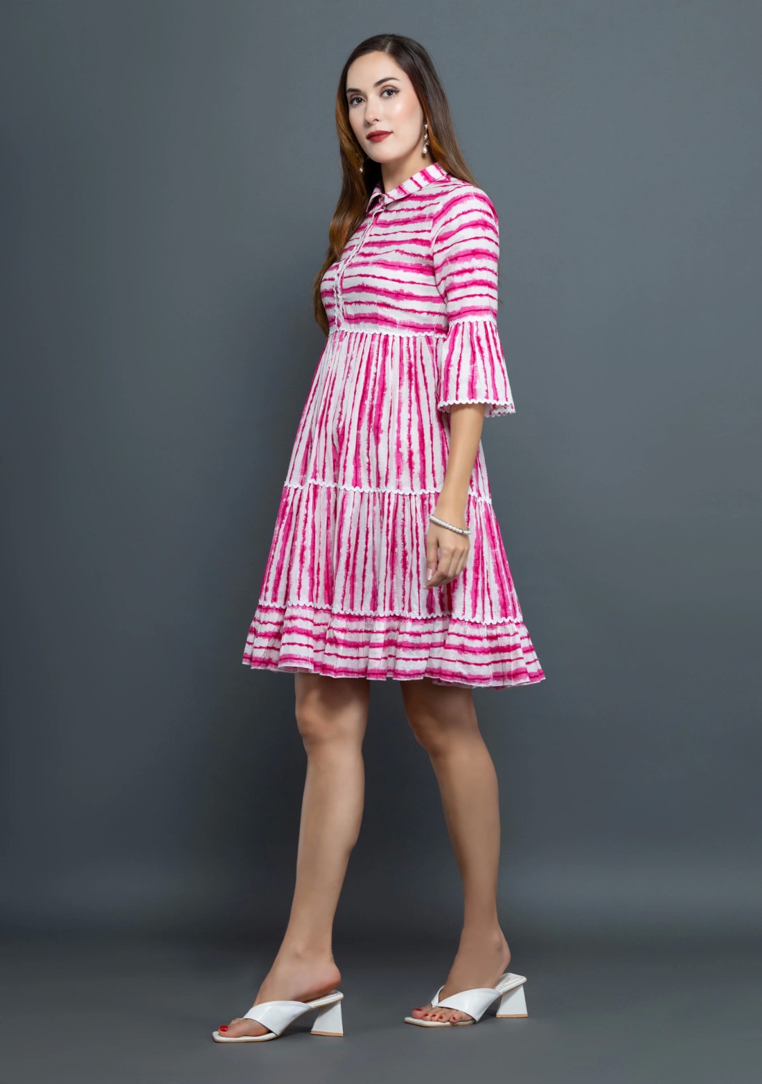 Pink & White Shibori Printed Pure Cotton Dress