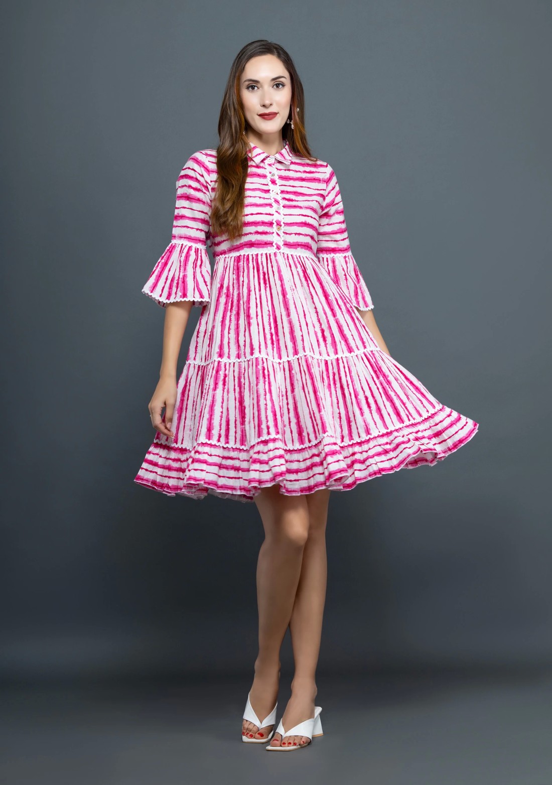 Pink & White Shibori Printed Pure Cotton Dress