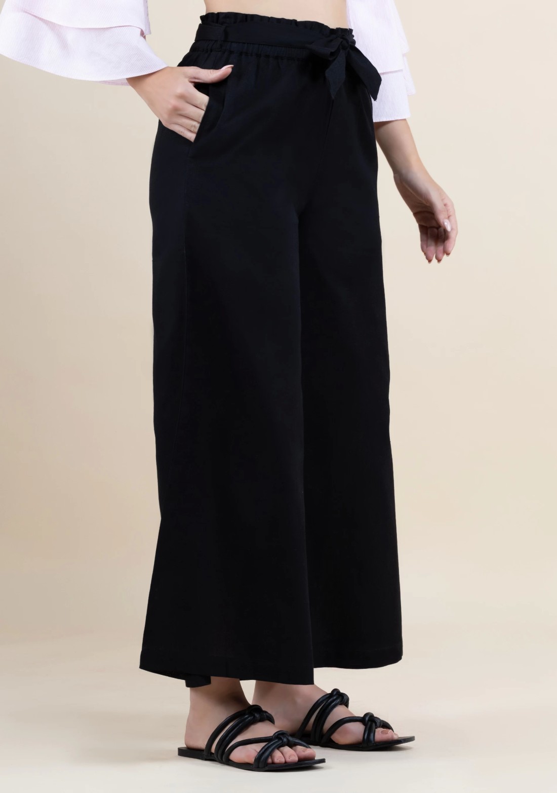 Black Cotton Flex Wide Hem Palazzo